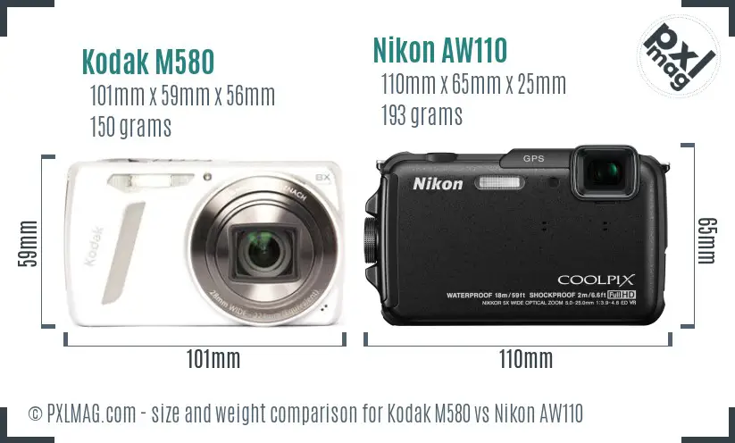 Kodak M580 vs Nikon AW110 size comparison