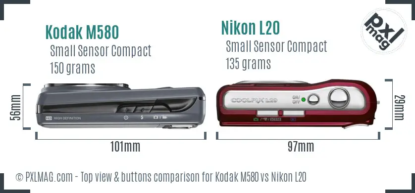 Kodak M580 vs Nikon L20 top view buttons comparison