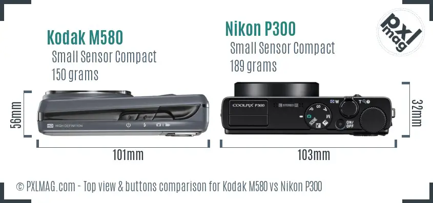 Kodak M580 vs Nikon P300 top view buttons comparison