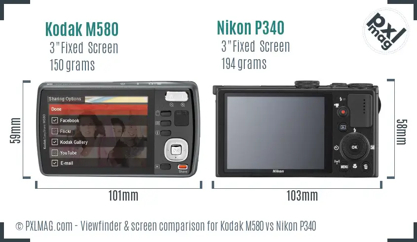 Kodak M580 vs Nikon P340 Screen and Viewfinder comparison