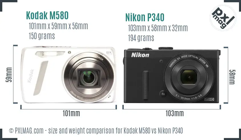 Kodak M580 vs Nikon P340 size comparison