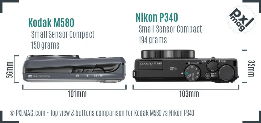 Kodak M580 vs Nikon P340 top view buttons comparison