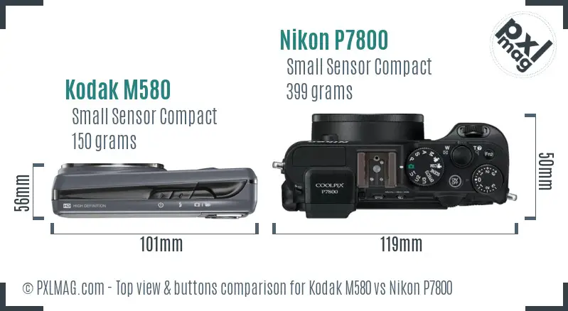 Kodak M580 vs Nikon P7800 top view buttons comparison