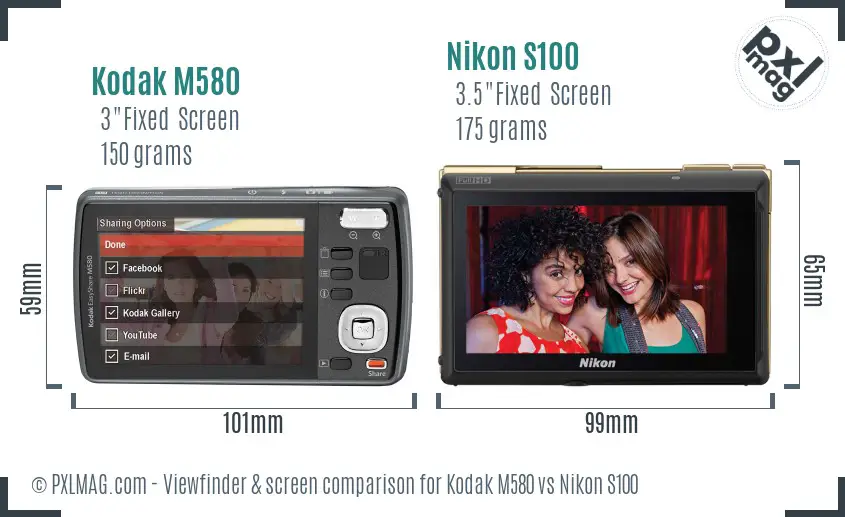 Kodak M580 vs Nikon S100 Screen and Viewfinder comparison