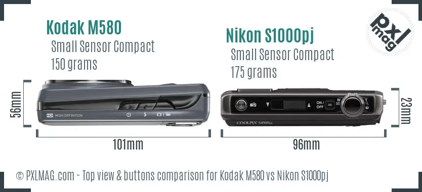 Kodak M580 vs Nikon S1000pj top view buttons comparison