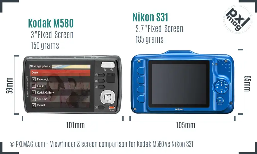 Kodak M580 vs Nikon S31 Screen and Viewfinder comparison