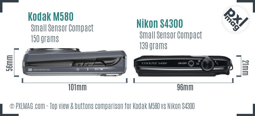 Kodak M580 vs Nikon S4300 top view buttons comparison