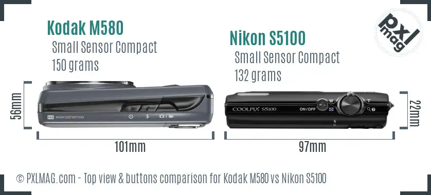 Kodak M580 vs Nikon S5100 top view buttons comparison