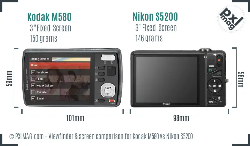 Kodak M580 vs Nikon S5200 Screen and Viewfinder comparison
