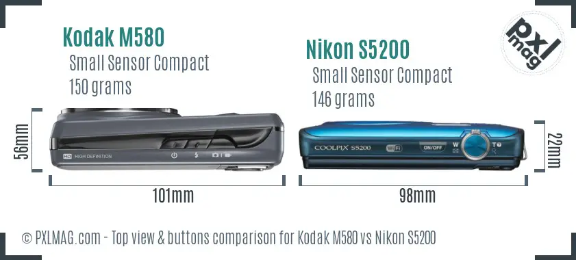 Kodak M580 vs Nikon S5200 top view buttons comparison