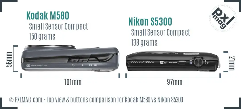 Kodak M580 vs Nikon S5300 top view buttons comparison