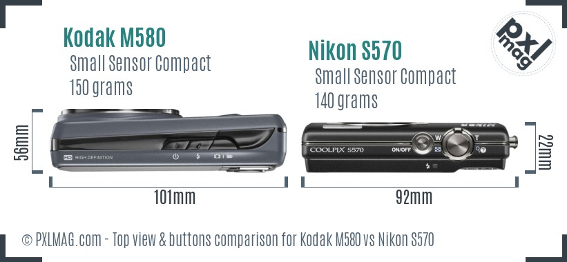 Kodak M580 vs Nikon S570 top view buttons comparison