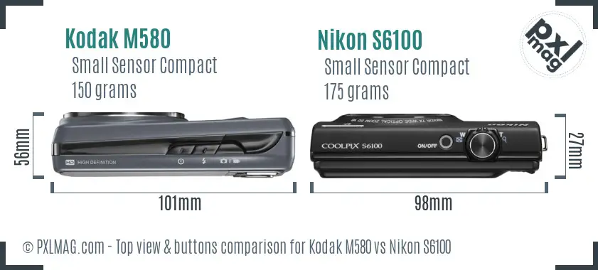 Kodak M580 vs Nikon S6100 top view buttons comparison Kodak M580 vs Nikon S6100 top view buttons comparison