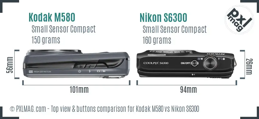 Kodak M580 vs Nikon S6300 top view buttons comparison Kodak M580 vs Nikon S6300 top view buttons comparison