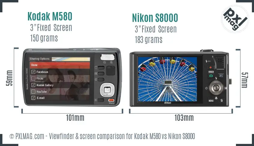 Kodak M580 vs Nikon S8000 Screen and Viewfinder comparison
