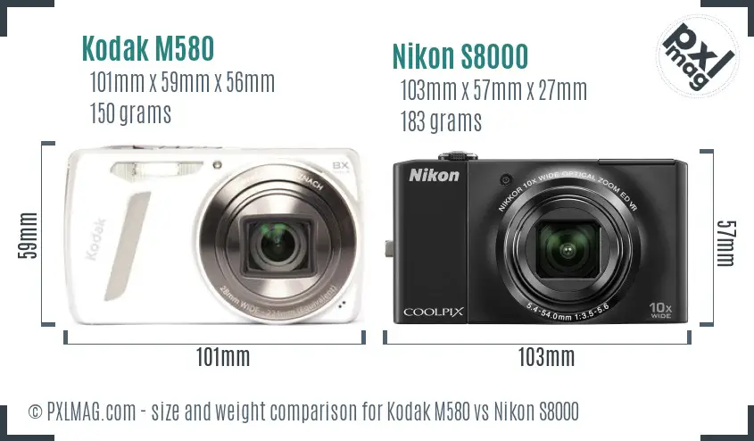 Kodak M580 vs Nikon S8000 size comparison