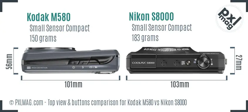 Kodak M580 vs Nikon S8000 top view buttons comparison