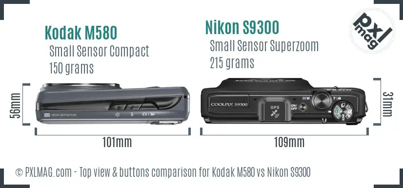 Kodak M580 vs Nikon S9300 top view buttons comparison