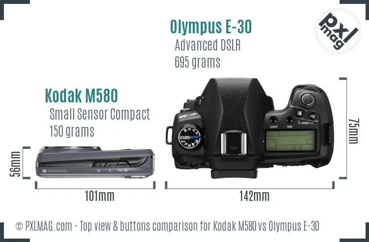 Kodak M580 vs Olympus E-30 top view buttons comparison