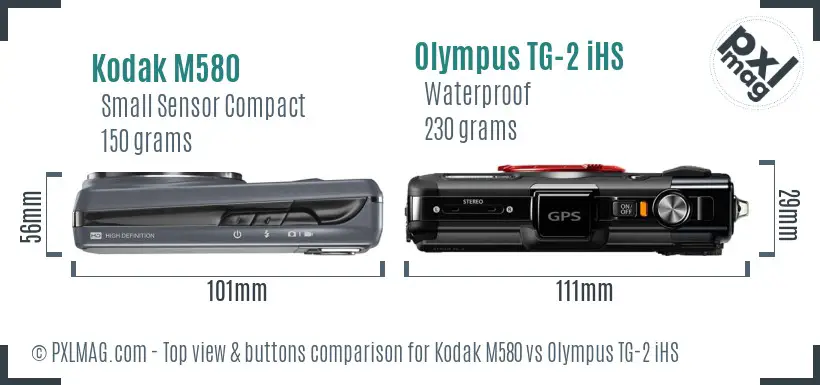 Kodak M580 vs Olympus TG-2 iHS top view buttons comparison Kodak M580 vs Olympus TG-2 iHS top view buttons comparison