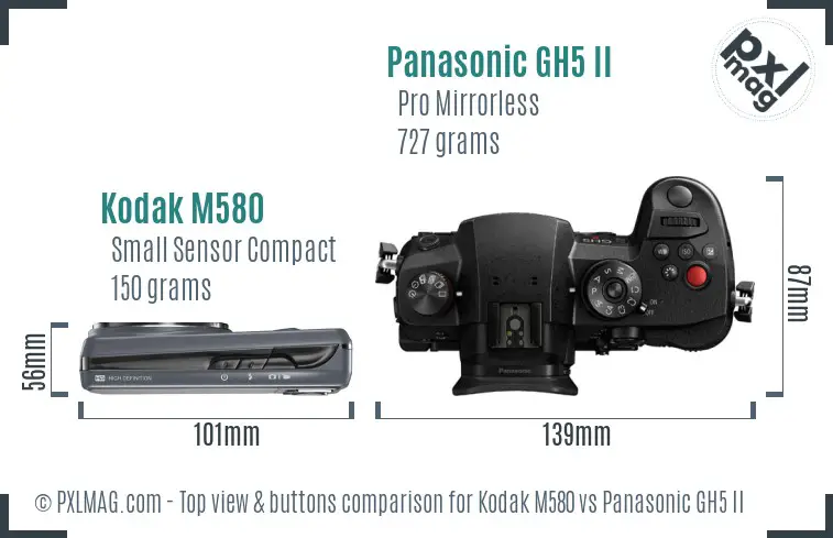 Kodak M580 vs Panasonic GH5 II top view buttons comparison