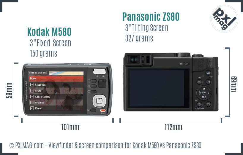 Kodak M580 vs Panasonic ZS80 Screen and Viewfinder comparison
