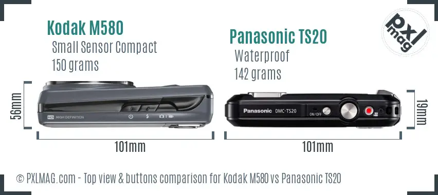 Kodak M580 vs Panasonic TS20 top view buttons comparison Kodak M580 vs Panasonic TS20 top view buttons comparison