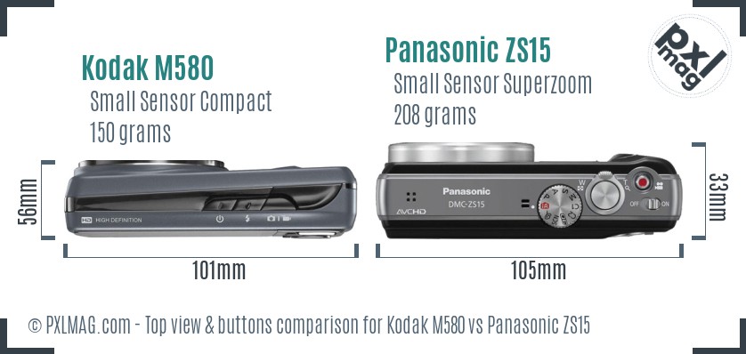 Kodak M580 vs Panasonic ZS15 top view buttons comparison