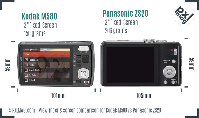 Kodak M580 vs Panasonic ZS20 Screen and Viewfinder comparison