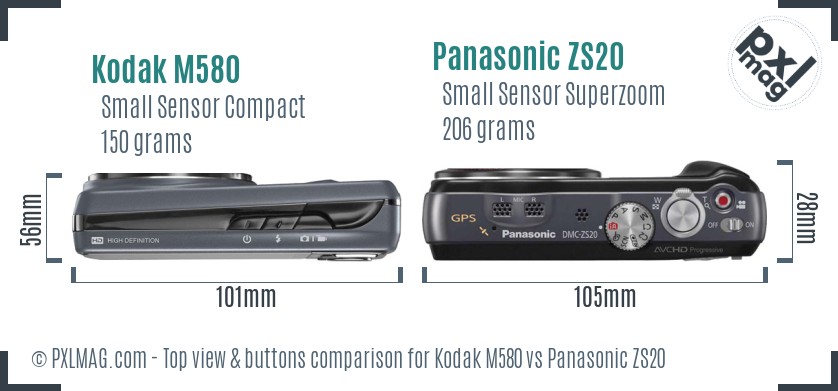 Kodak M580 vs Panasonic ZS20 top view buttons comparison