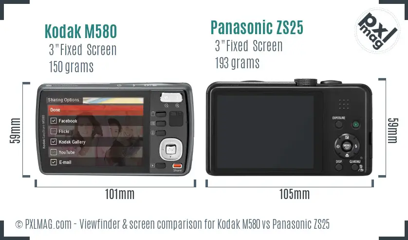 Kodak M580 vs Panasonic ZS25 Screen and Viewfinder comparison