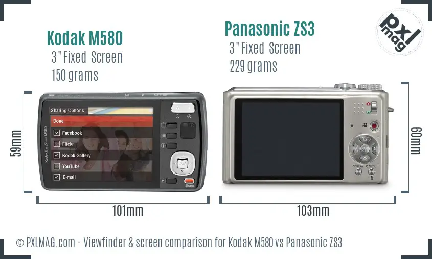 Kodak M580 vs Panasonic ZS3 Screen and Viewfinder comparison