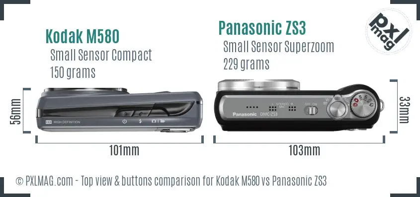 Kodak M580 vs Panasonic ZS3 top view buttons comparison