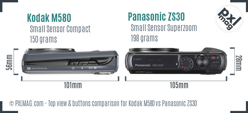 Kodak M580 vs Panasonic ZS30 top view buttons comparison