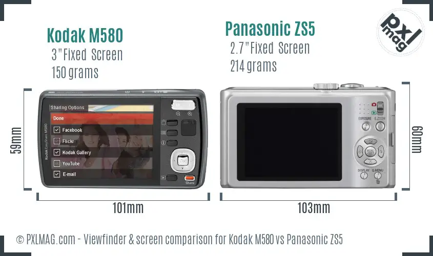 Kodak M580 vs Panasonic ZS5 Screen and Viewfinder comparison