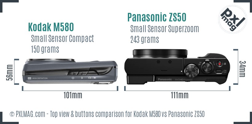 Kodak M580 vs Panasonic ZS50 top view buttons comparison