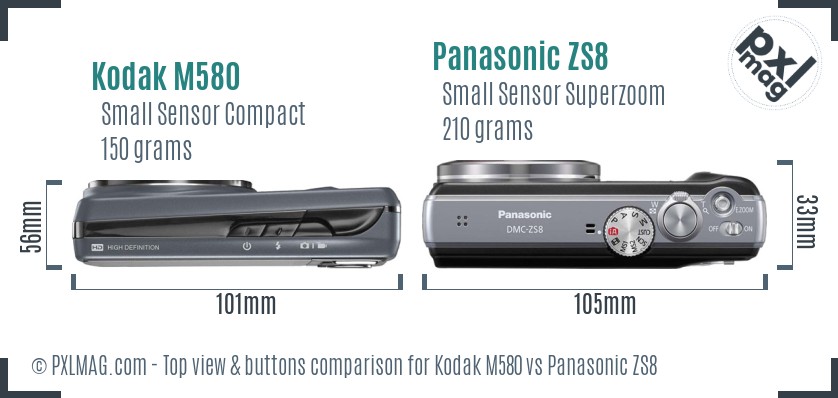 Kodak M580 vs Panasonic ZS8 top view buttons comparison