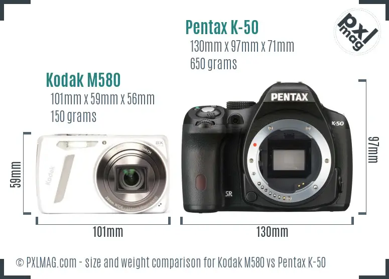 Kodak M580 vs Pentax K-50 size comparison