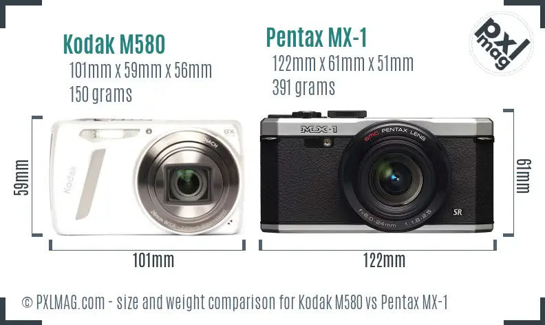 Kodak M580 vs Pentax MX-1 size comparison
