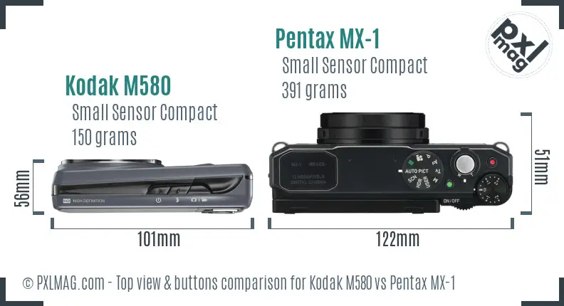 Kodak M580 vs Pentax MX-1 top view buttons comparison
