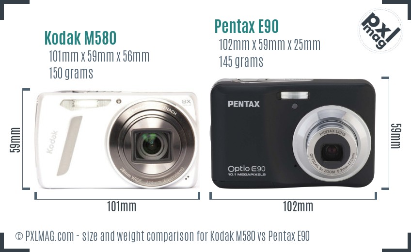 Kodak M580 vs Pentax E90 size comparison