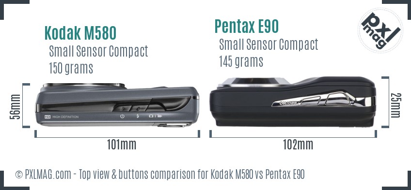 Kodak M580 vs Pentax E90 top view buttons comparison