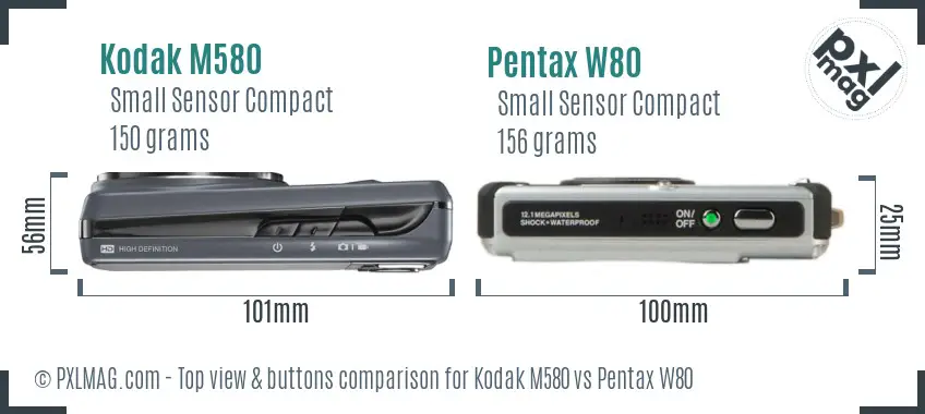 Kodak M580 vs Pentax W80 top view buttons comparison