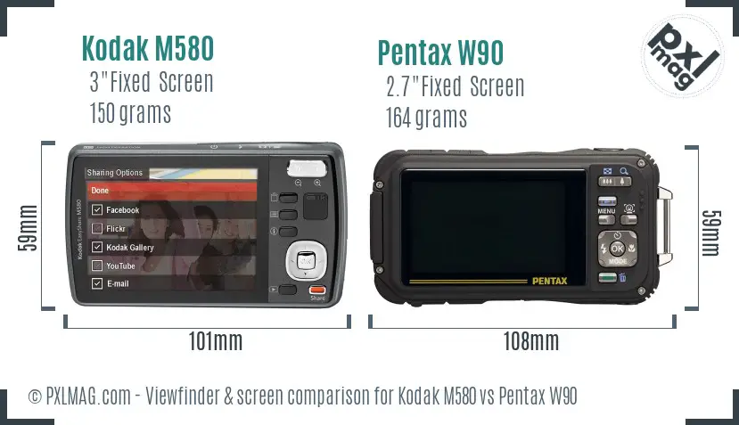 Kodak M580 vs Pentax W90 Screen and Viewfinder comparison