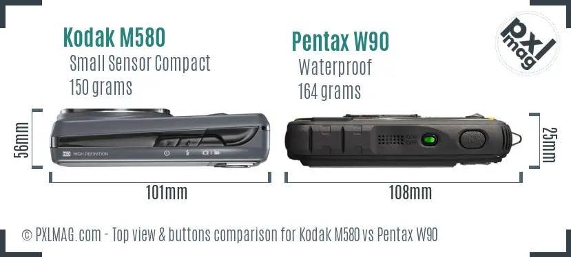 Kodak M580 vs Pentax W90 top view buttons comparison