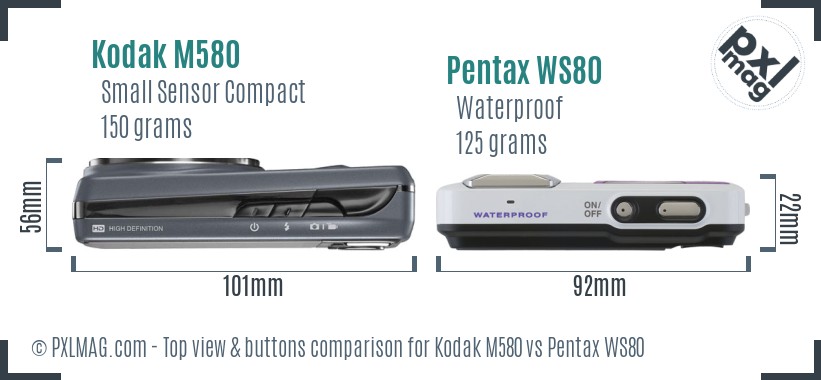 Kodak M580 vs Pentax WS80 top view buttons comparison