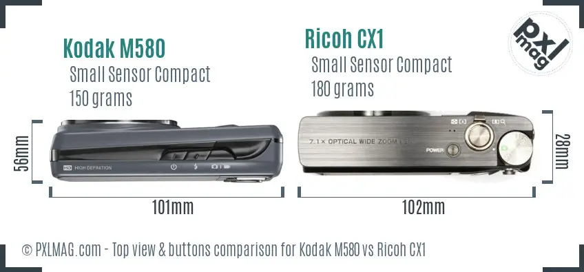Kodak M580 vs Ricoh CX1 top view buttons comparison