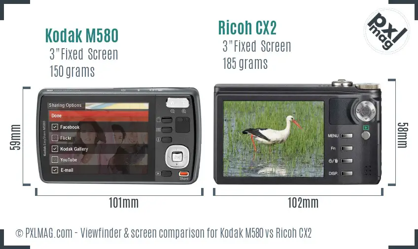 Kodak M580 vs Ricoh CX2 Screen and Viewfinder comparison