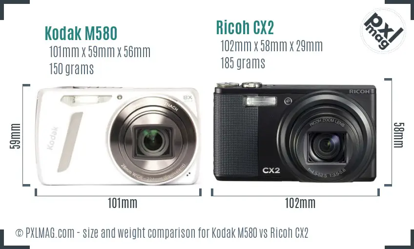 Kodak M580 vs Ricoh CX2 size comparison