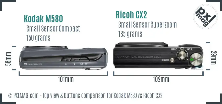Kodak M580 vs Ricoh CX2 top view buttons comparison